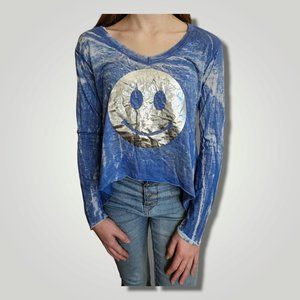 So Nikki Blue Long Sleeve Smiley Face Vinyl Print T-Shirt, Size Youth XL